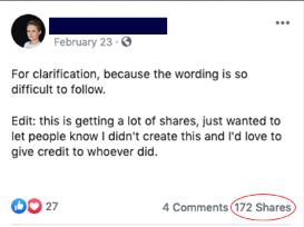Facebook post from someone sharing the graphic saying "For clarification, because the wording is so difficult to follow." the post screenshot shows that it's been shared 172 times.