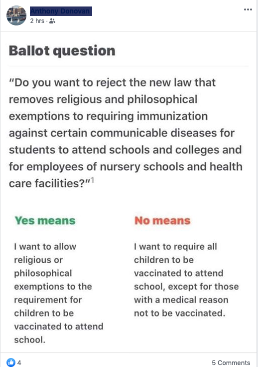 Screenshot of a facebook use sharing the ballot question overview with the text of the question and a "yes means" and "no means" column 